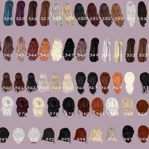 May include: A chart of 40 different hairstyles, each with a unique color and style. The hairstyles are numbered from 321 to 400.