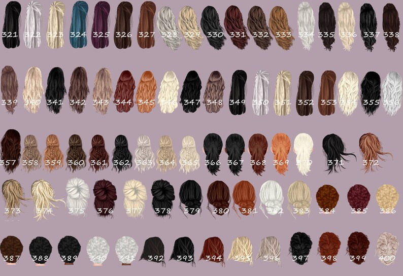 May include: A chart of 40 different hairstyles, each with a unique color and style. The hairstyles are numbered from 321 to 400.
