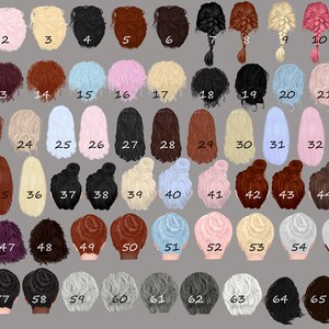 May include: A chart of 66 different hairstyles, each numbered and displayed in a circle. The hairstyles are a mix of updos, ponytails, braids, and loose styles. The hairstyles are all in different colors, including blonde, brown, black, red, and pink.