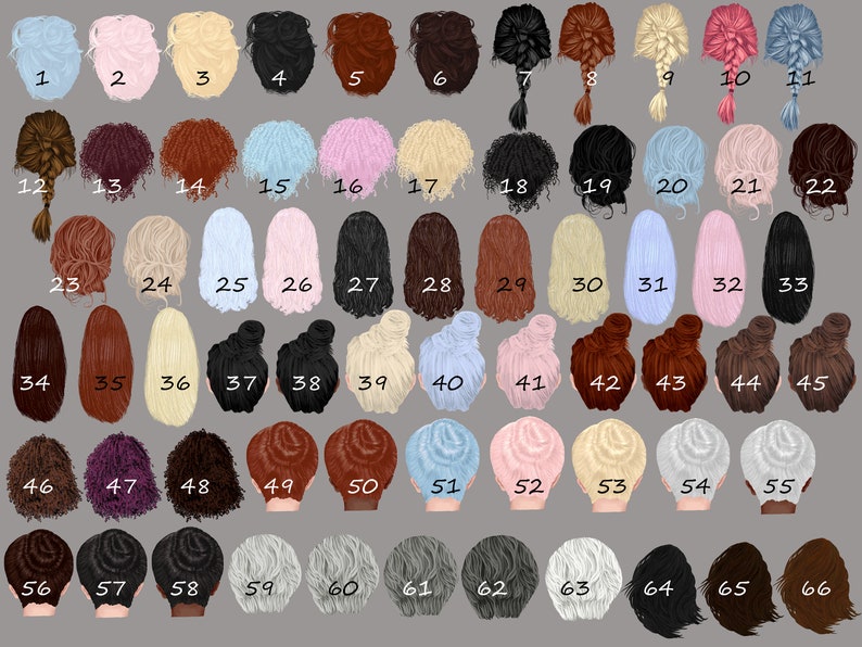 May include: A chart of 66 different hairstyles, each numbered and displayed in a circle. The hairstyles are a mix of updos, ponytails, braids, and loose styles. The hairstyles are all in different colors, including blonde, brown, black, red, and pink.
