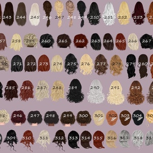 May include: A chart of 320 different hairstyles, each numbered and displayed on a separate head silhouette. The hairstyles are a mix of colors, lengths, and styles, including straight, curly, wavy, and braided hair.