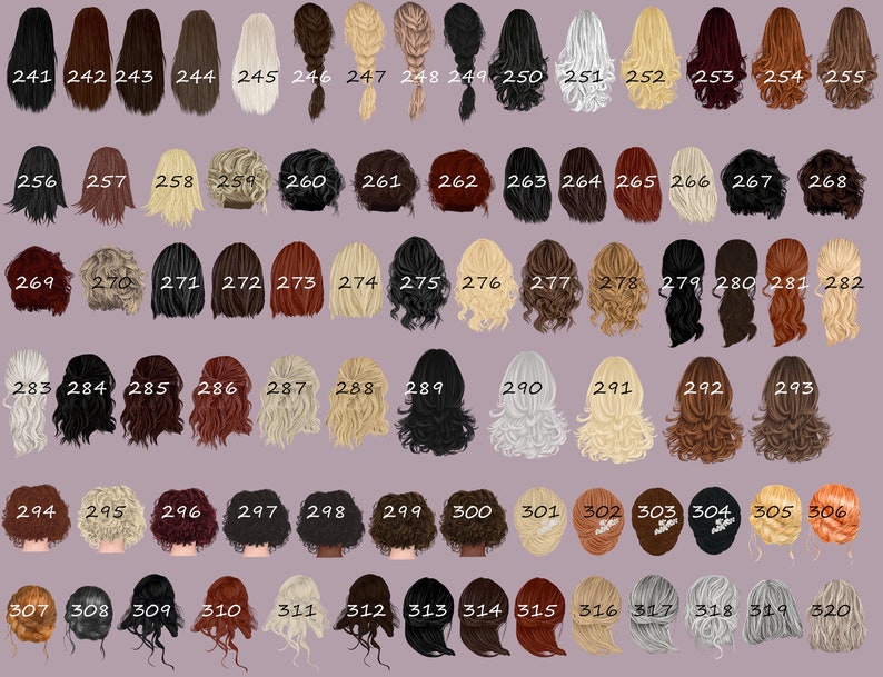 May include: A chart of 320 different hairstyles, each numbered and displayed on a separate head silhouette. The hairstyles are a mix of colors, lengths, and styles, including straight, curly, wavy, and braided hair.