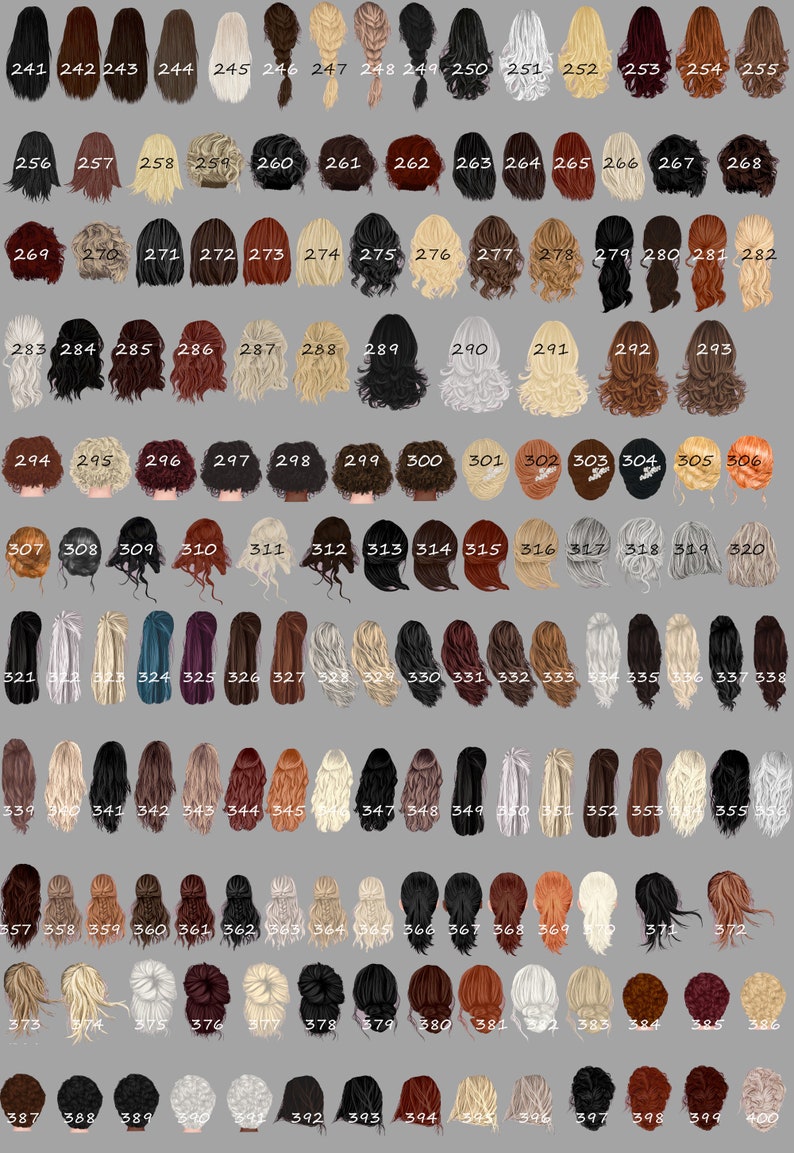 Op de afbeelding: Een kaart met 400 verschillende kapsels, elk genummerd en weergegeven als een achterkant van een vrouwenhoofd. De kapsels zijn in verschillende kleuren, lengtes en stijlen.