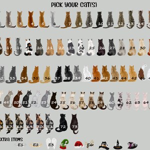 May include: A chart with 73 different cat illustrations, each numbered. The chart is titled "Pick Your Cat(s)". Below the chart, there are nine additional illustrations of extra items, each labeled with a letter.