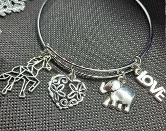 Custom jewelry, silver color expandable bangle bracelet, charm bracelet