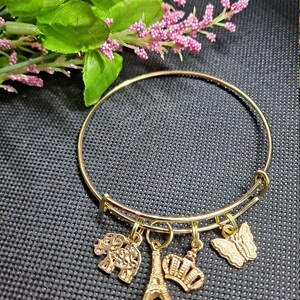 Custom jewelry, gold color expandable bangle bracelet, charm bracelet