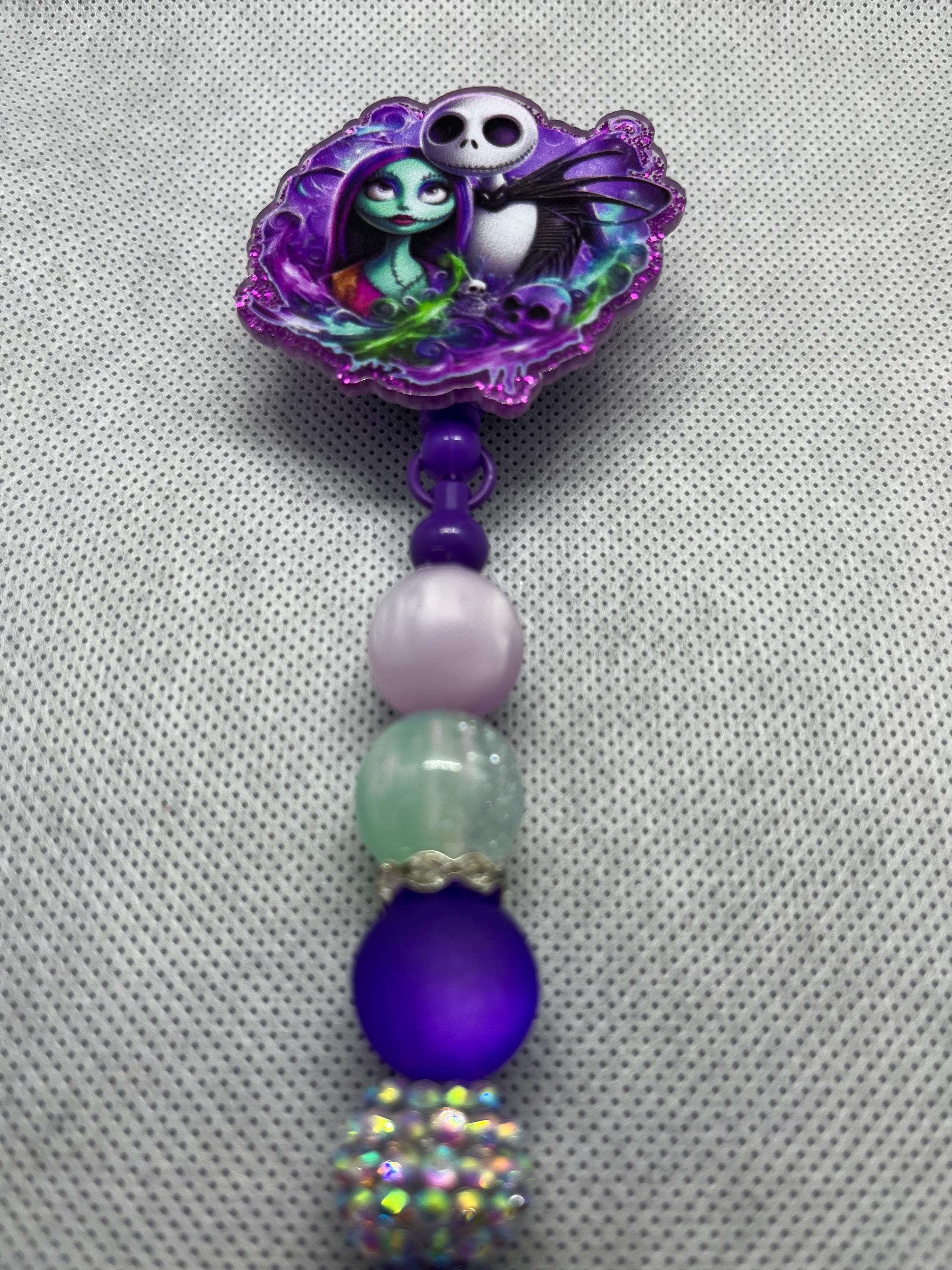 Jack Skellington and Sally badge reel, Jack Skellington and Sally beaded badge reel, retractable badge reel,