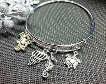 Custom jewelry, silver color expandable bangle bracelet, charm bracelet