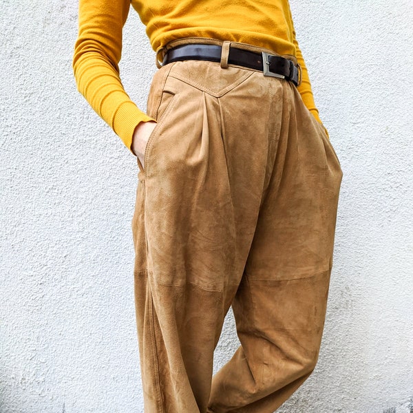 90s Pants Women, Vintage Trousers, Suede Leather High Waisted Pants, Wide Leg Pants, Camel Pants L