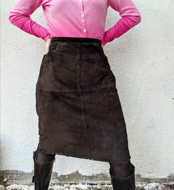 90s Vintage Western Knee Length Dark Brown Suede F