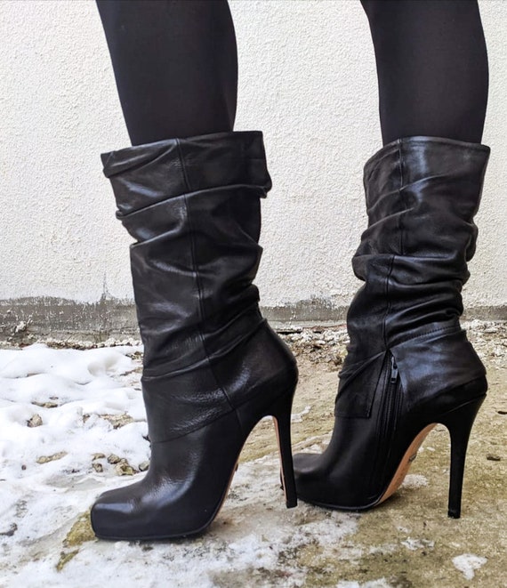00s High Heels Square Toe Platform Leather Black A