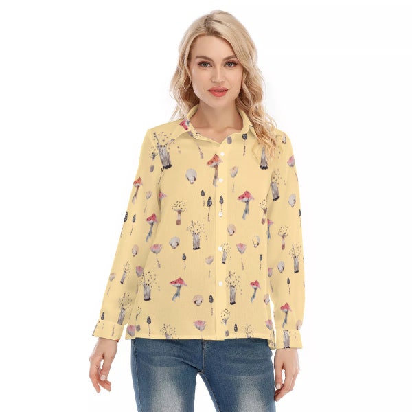 Cool Mushroom Vintage Tunics | Women's Loose Elastic-Back Shirt | 100% Polyester | Front Buttons with Spread Collar | Long Sleeves Blouse