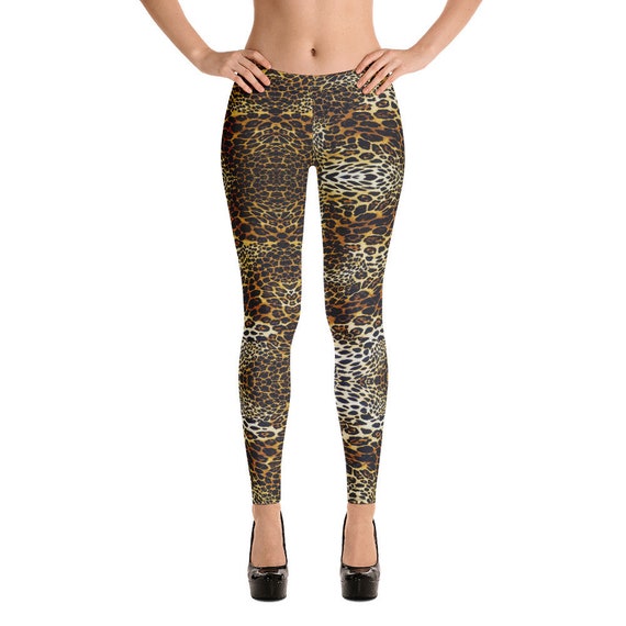 Light Brown Leopard Skin Pattern Leggings for Women Wild Animals Skin Print  , Ladies Pants Design Four-way Stretch Elastic Waistband 