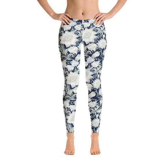 Silver Color Flowers Pattern on Navy Blue Background Leggings for