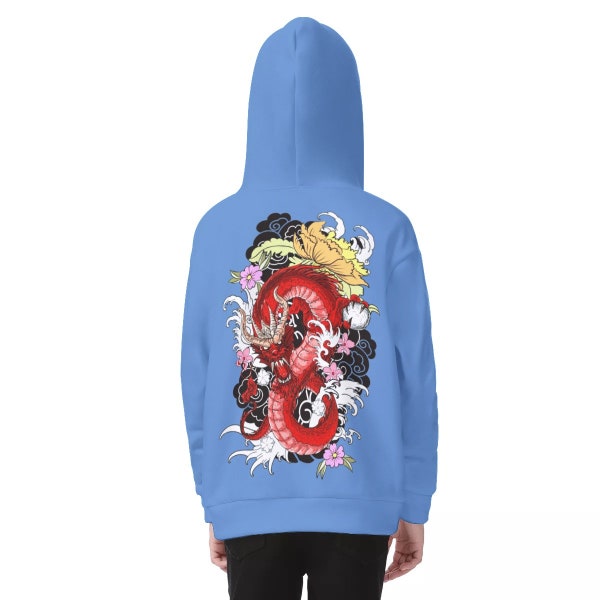 Pull Dragon Pull Pull Bleu Couleur | Sweat à capuche unisexe doublé de polaire unisexe pour enfants avec fermeture éclair | Sweat-shirt souple confortable