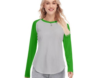 Women's Raglan Long Sleeve Loose Style Shirt | Plain Green Solid Color | Round Neck U-Shaped Hem Blouse| Gift for Her