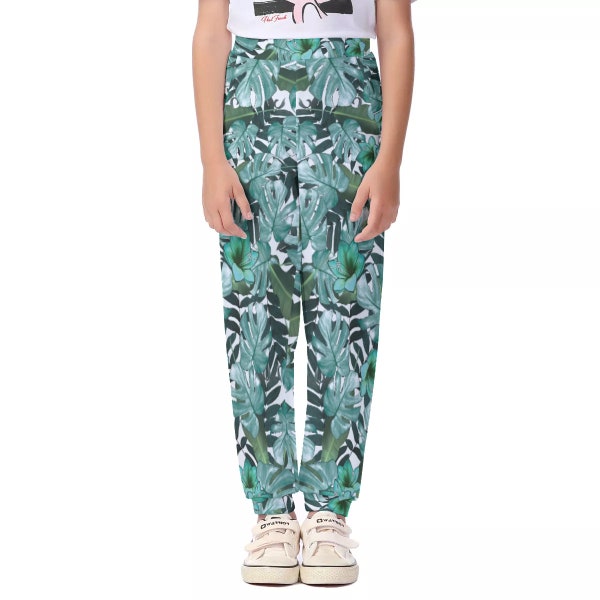 Patrón Floral Color Verde / Pantalones Unisex para Niños / Pantalones de Guardia para Niños / Joggers de Cintura Elástica con 2 Bolsillos / Talla Grande Disponible