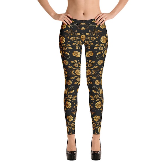Gold & Black Floral Pattern Leggings for Women Crazy Simply Beautiful Pants  Design Four-way Stretch Elastic Waistband -  Canada