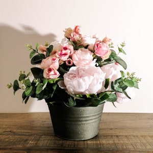 Premium Faux Flower Arrangement, Peonies and eucalyptus in metal bucket, Artificial Floral Botanical Decoration, Faux flowers centerpiece