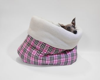 Dog Snuggle Bed - LÈ SAC - Dog Snuggle Sack, Dog Sleeping Sack, Travel Dog Bed, Dog Cave, Quilted Burrow Bed, Pink Pet Bedding, UK Shop