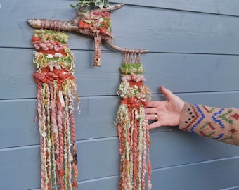 woven driftwood wall hanging, three weaves in one, natural and organic weave, handspun wool, wall weave, boho weave, bohemian art