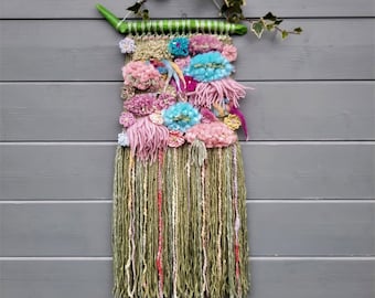 Woven wall hanging, (Spring flowers) bohemian,  whimsical, colourful weave, boho weave, nursery deco, woven ,weaving wall hanging, gift,