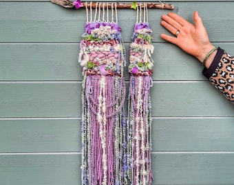 unique, bohemian and organic woven wall weave hanging (Meraki) purples, lilacs, greens, handmade with handspun wool,