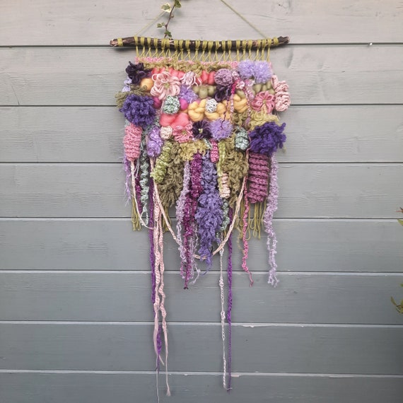 1 Wool wall hanging, bohemian, whimsical, colorful weave, flowers, fairyland, wall weave, woven wall art, nursery, something different, boho