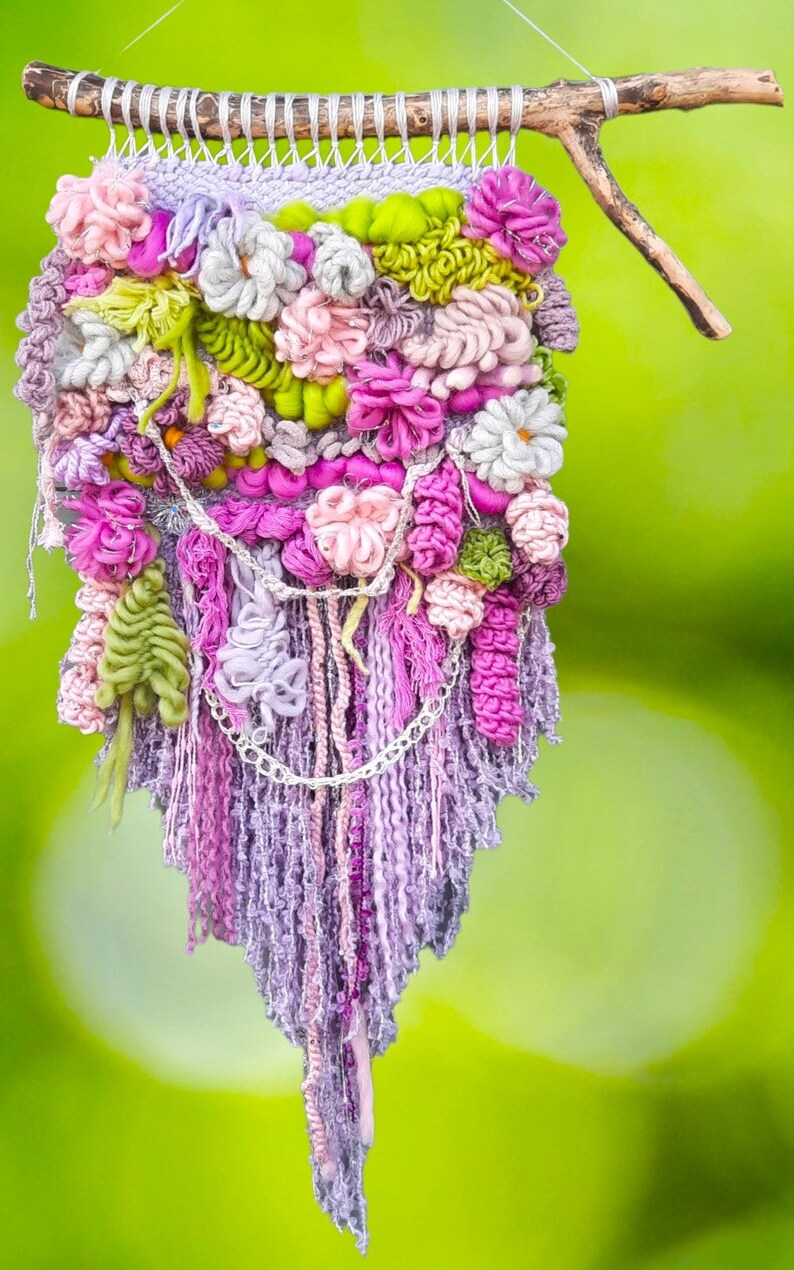 Chunky Woven Wall Hanging, Bohemian, Lilac Whimsical Colourful Weave