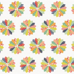 May include: A repeating pattern of multi-colored fabric flower shapes on a white background with tiny gray dots. Each flower consists of twelve wedge-shaped petals in various colors including red, yellow, green, orange, and blue with patterns.