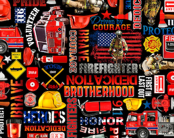 Timeless Treasures Black Firefighters Equipment Quilt Fabric Collection, Sold by the YARD