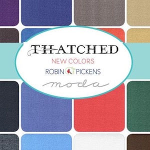 May include: An image showcasing fabric swatches in various colors, including blue, red, and green. The central oval design features the text "THATCHED NEW COLORS ROBIN PICKENS moda."