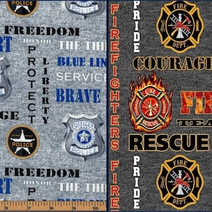 Sykel Enterprises Police and Firefighter Denim Quilt Fabric Yardage, Soldin PRECUT ONE YARD Pieces