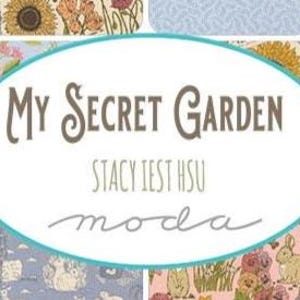 May include: A fabric collection label titled My Secret Garden by Stacy Iest Hsu for Moda. The central oval features the text on a white background, surrounded by a grid of various floral, animal, and patterned fabric swatches in yellow, blue, and pink.