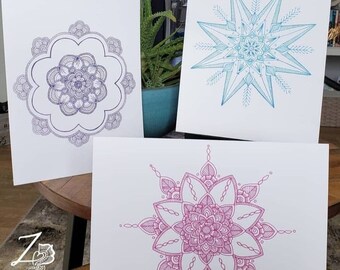 Mandala Prints - Set of 3 mandalas, pink, purple, blue, snowflakes, floral, wall art, table decor, frameable print, handdrawn designs, yoga