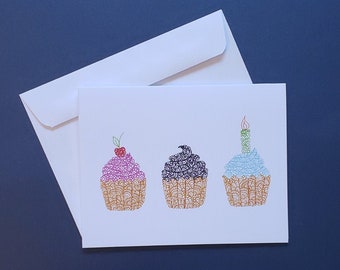 Carte cupcakes - Cartes d’anniversaire, Cartes Bday, Joyeux anniversaire, Art d’anniversaire, Cartes uniques, Carte d’art henné, œuvres d’art à dessin à la main, Cupcakes anniversaire