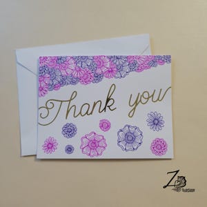 Blumige Dankeskarte - Original Kunstkarte, Blumenkunstwerk, leere Karte, alle Anlasskarten, Hennakunst, Mehndi Muster, rosa lila Blumen