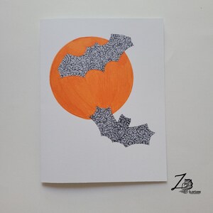 Mond Fledermäuse Karte - Halloween Kunst, Mondkunst, Fledermaus Kunst, orange Mond, schwarze Fledermäuse, Vollmond, Selenophile, Nacht Kunst, leere Karte für alle Gelegenheiten