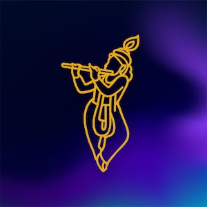 May include: A gold-colored line art illustration of a figure playing a flute. The figure is depicted in a traditional pose, wearing a headpiece and draped clothing. The background is a gradient of dark blue and purple.