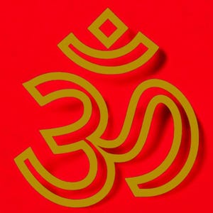 May include: A golden Om symbol against a vibrant red background. The symbol's design features curved lines and a square at the top, creating a three-dimensional effect. The image is a graphic representation of a spiritual or religious concept.