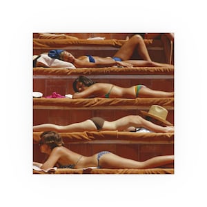 May include: A vintage photograph captures several people sunbathing on tiered, cushioned steps. Each person is wearing swimwear, with a variety of colors and patterns. A straw hat rests on one of the steps. The scene evokes a sense of leisure and relaxation.