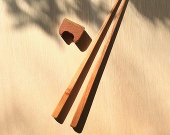 Handmade Cherry Wood Chopsticks Set with Cherry & Oak Rest