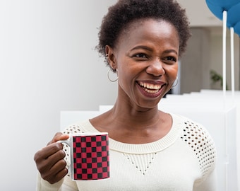 Red and Black Checkered Ceramic Coffee Mug