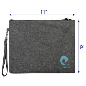 May include: Grey zipped pouch with a blue wave logo and the text "JAXSPORTS". The pouch measures 11 inches wide and 9 inches tall.