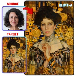 Puede incluir: Una pintura al estilo de Gustav Klimt, que presenta a una mujer con cabello oscuro y un collar de oro. El fondo es un mosaico de cuadrados y círculos dorados y negros.