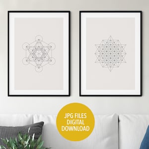 Set of 2 prints, sacred geometry print, tetrahedron 64 poster, metatron&#39;s cube print, beige print, minimal print, mandala print, yoga decor