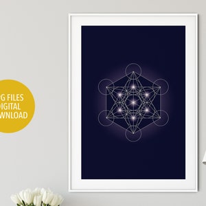 Metatron's Cube print, Metatron's Cube wall decor, sacred geometry print, minimal print, dark blue print, yoga print, spiritual home decor