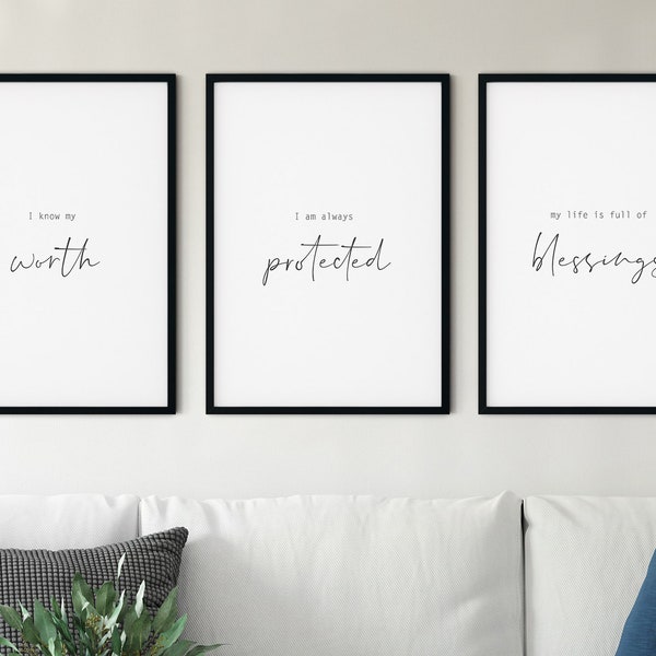 Poster set of 3 prints, positive affirmations wall art, black white wall art, scripture wall art, positive mindset, minimal print, self love