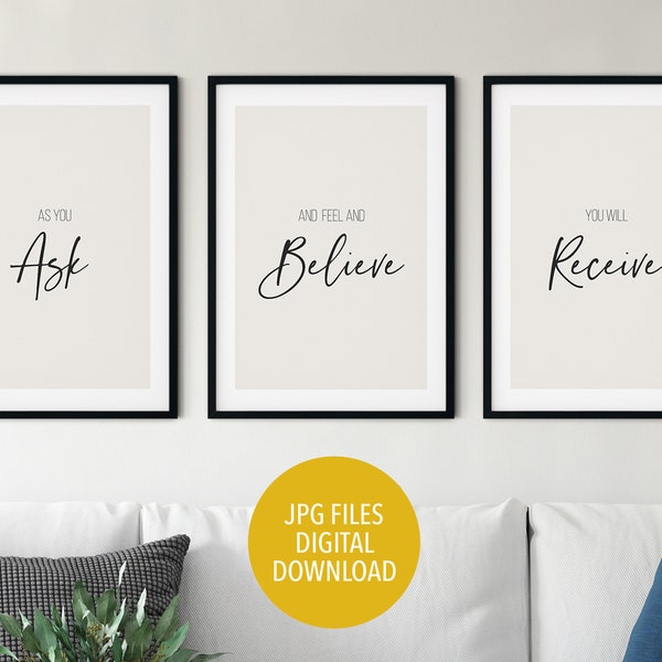 Poster set of 3, ask believe receive, law of attraction poster, law of attraction wall art, motivation poster, manifestation poster, quote