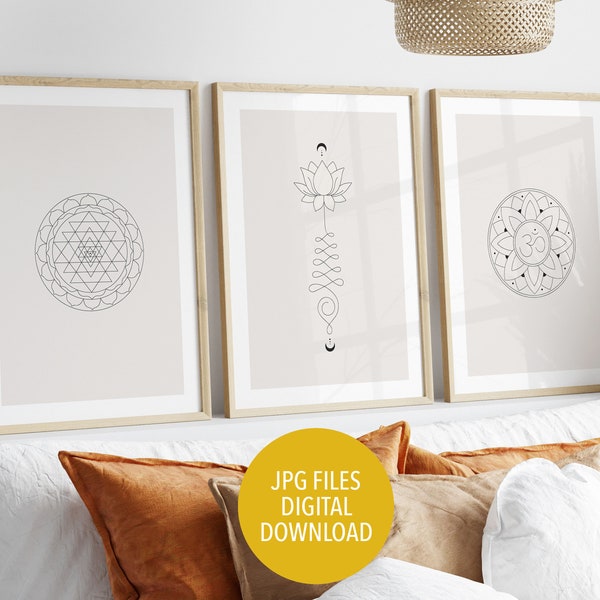 Printable yoga poster set, poster set of 3, yoga wall art, om symbol poster, unalome lotus poster, sri yantra poster, spiritual wall art